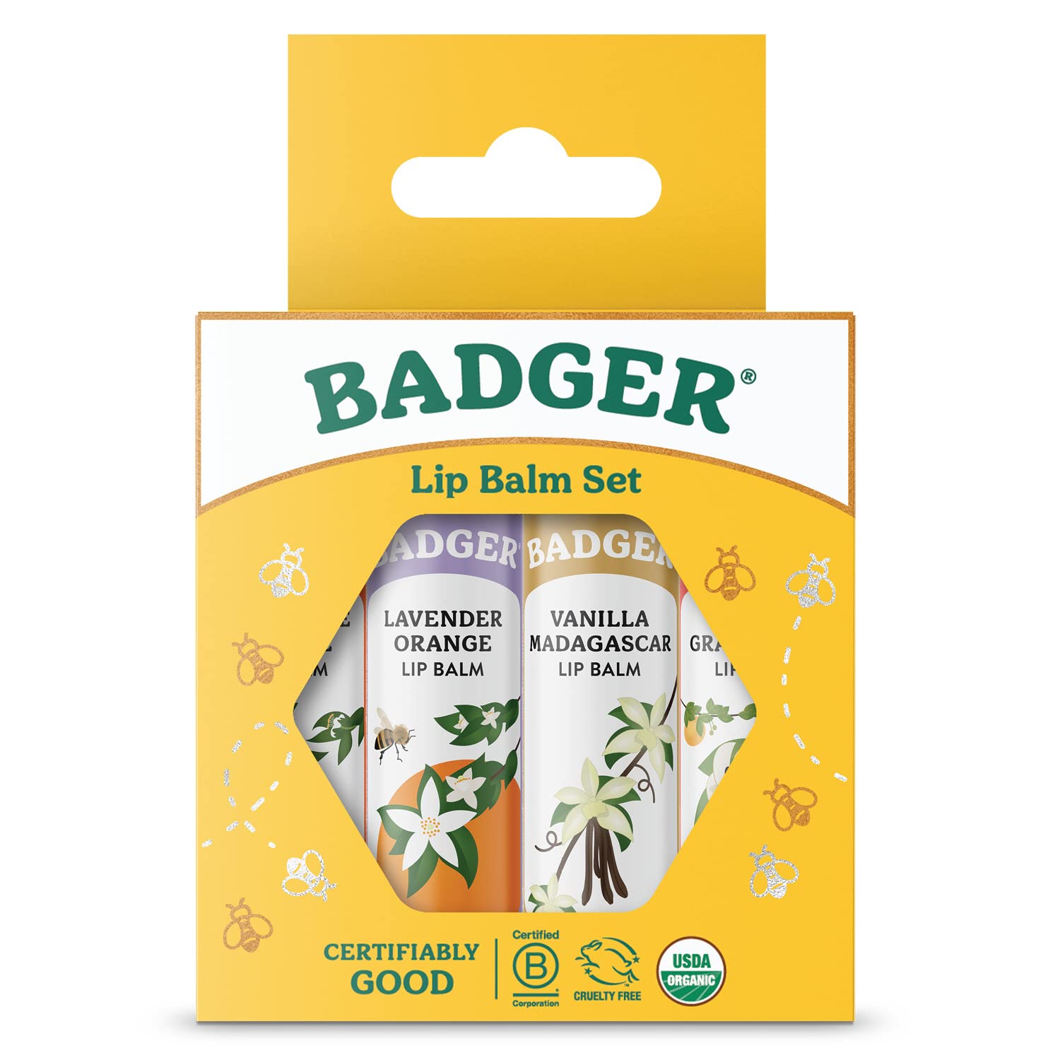 Badger balsamo labial clasico, empaque amarillo, regalo listo para labios suaves