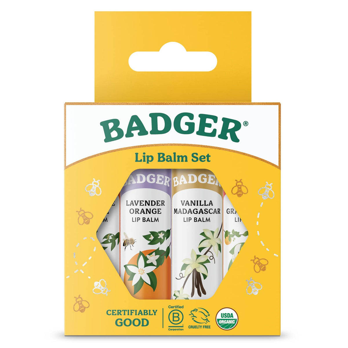 Badger balsamo labial clasico, empaque amarillo, regalo listo para labios suaves
