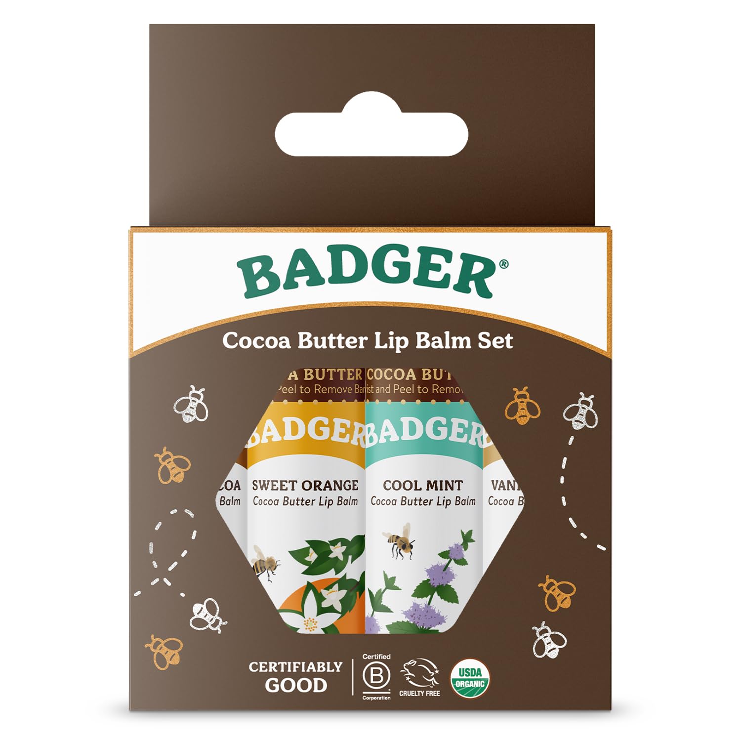 Bálsamo labial Badger cacao, frente del conjunto, hidratación duradera.