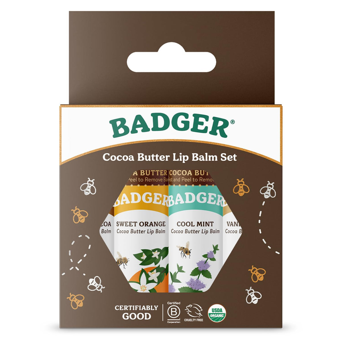 Bálsamo labial Badger cacao, frente del conjunto, hidratación duradera.