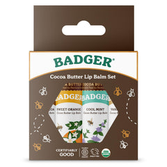 Bálsamo labial Badger cacao, frente del conjunto, hidratación duradera.