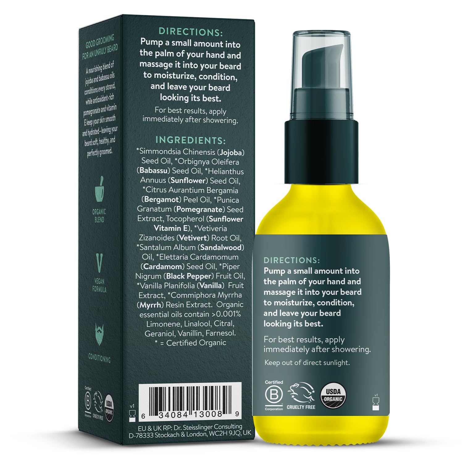 Badger Beard Oil label close-up highlights organic ingredients.