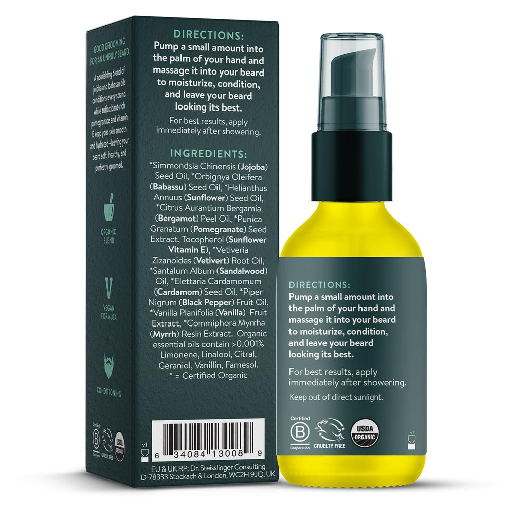 Badger Beard Oil label close-up highlights organic ingredients.