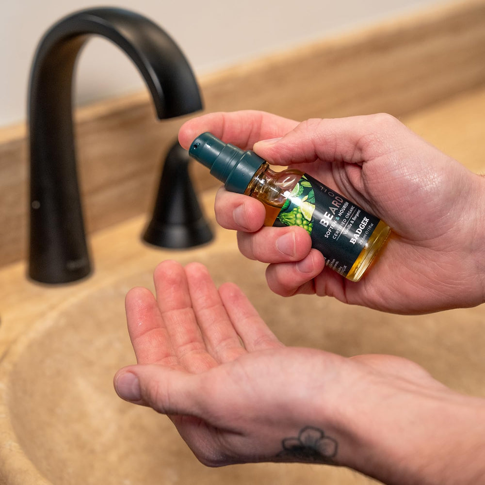 Badger Beard Oil packaging emphasizes sustainability and vegan formula.