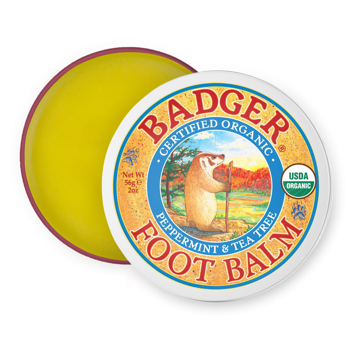 Badger Foot Balm en lata de metal: cuidado natural para pies secos y talones agrietados en casa.