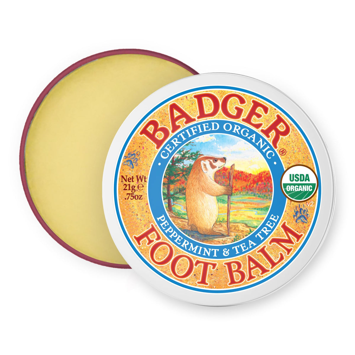 Badger Foot Balm tin packaging showing travel-friendly moisture on the go.