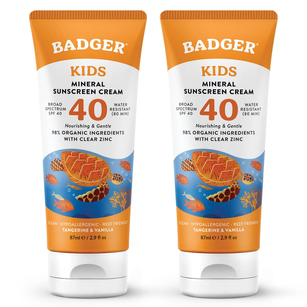 Badger Kids Mineral Sunscreen Cream SPF 40 tube closeup, mineral protection for little skin