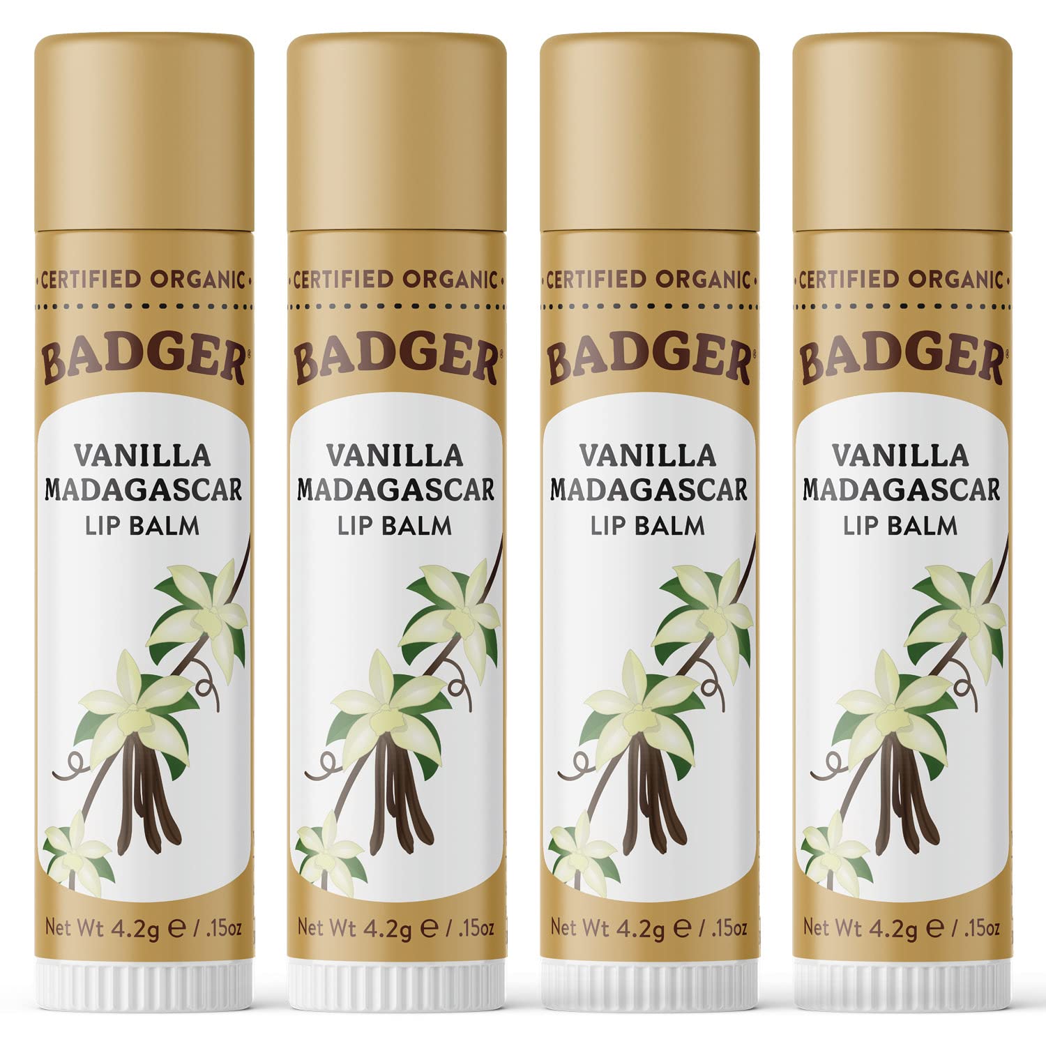 Bálsamo Badger Vanilla Madagascar, conjunto de 4, para cuidado diario de labios.
