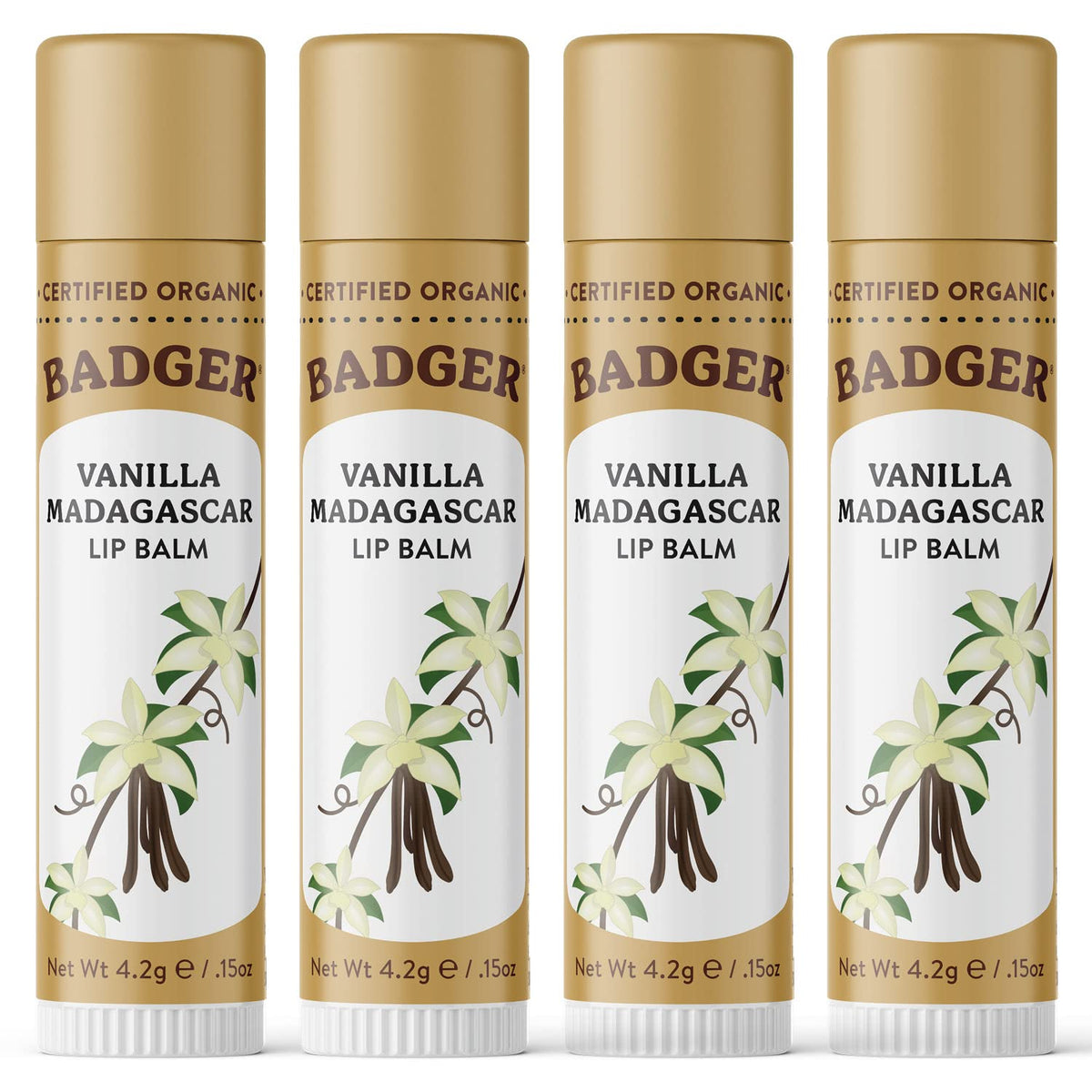 Bálsamo Badger Vanilla Madagascar, conjunto de 4, para cuidado diario de labios.