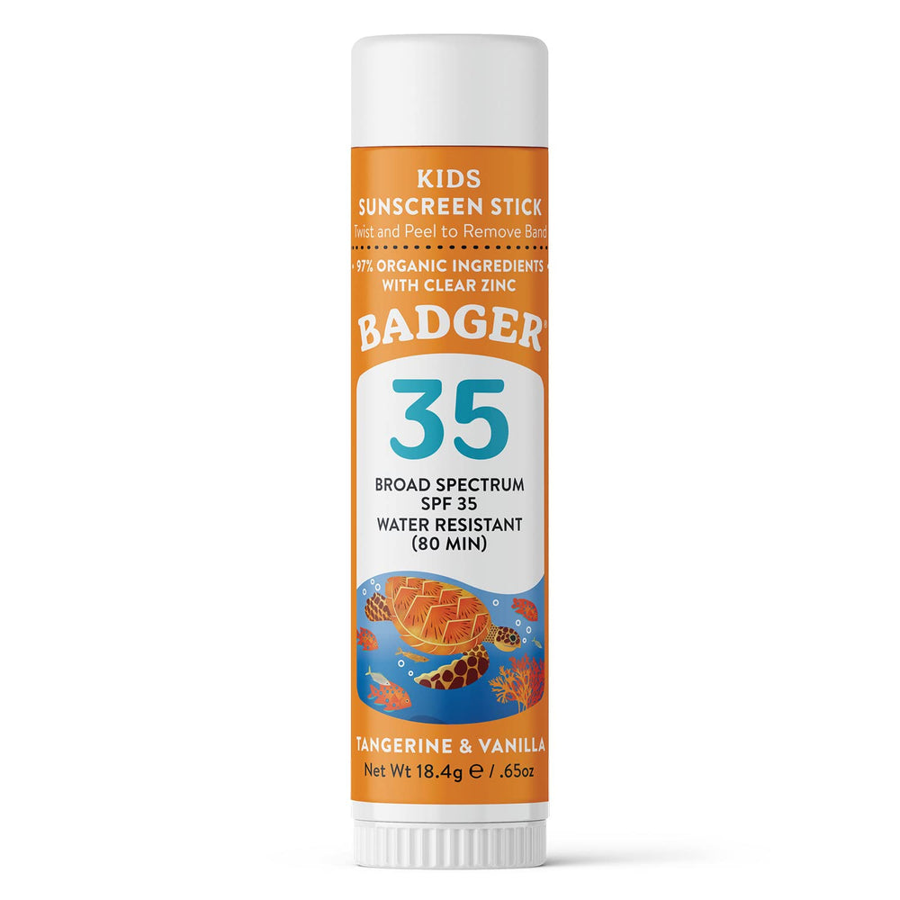 Badger Mineral Kids Protector Solar Barra en empaque práctico para viajes.