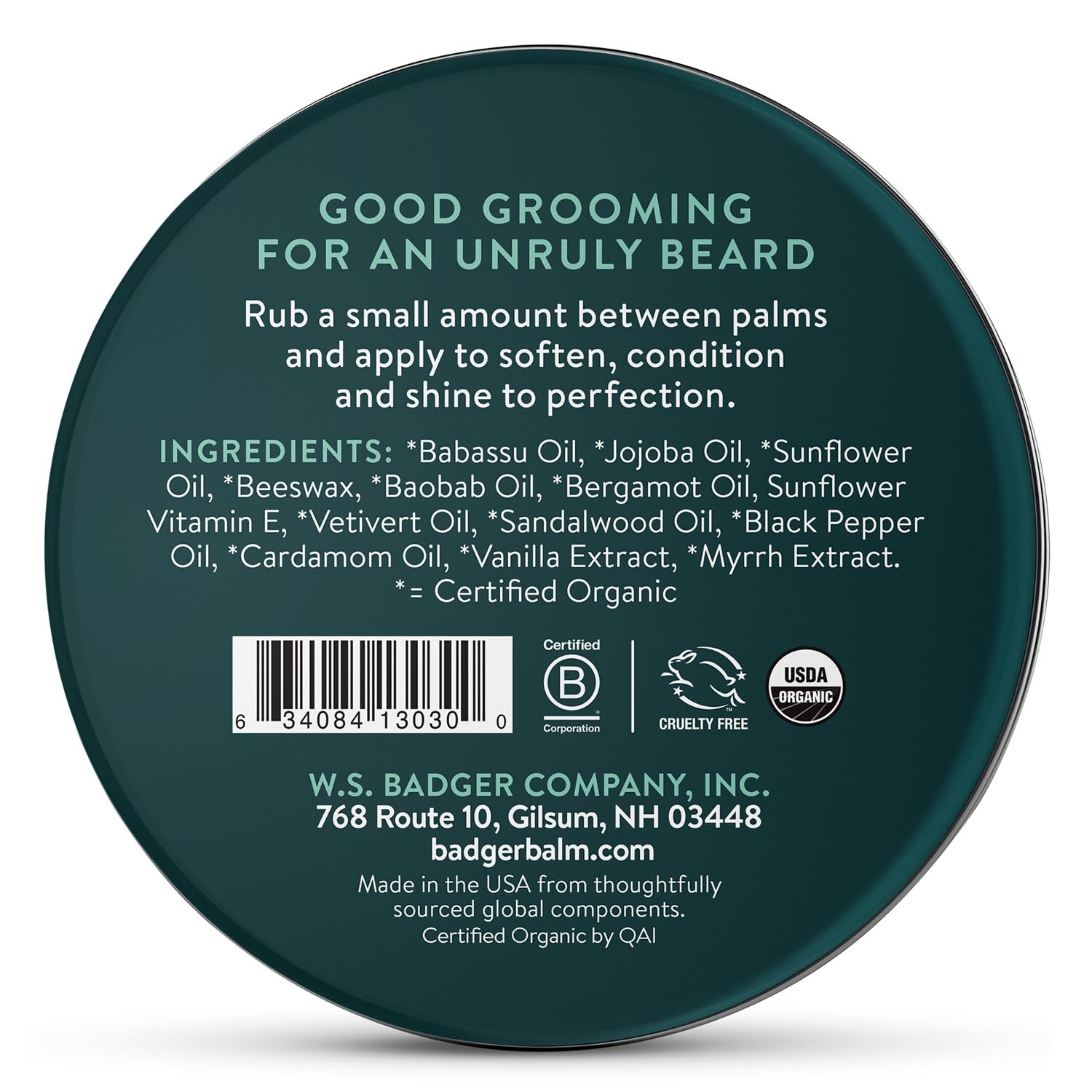 Badger beard balm application on palm shows smooth glide for styling and taming hairs.