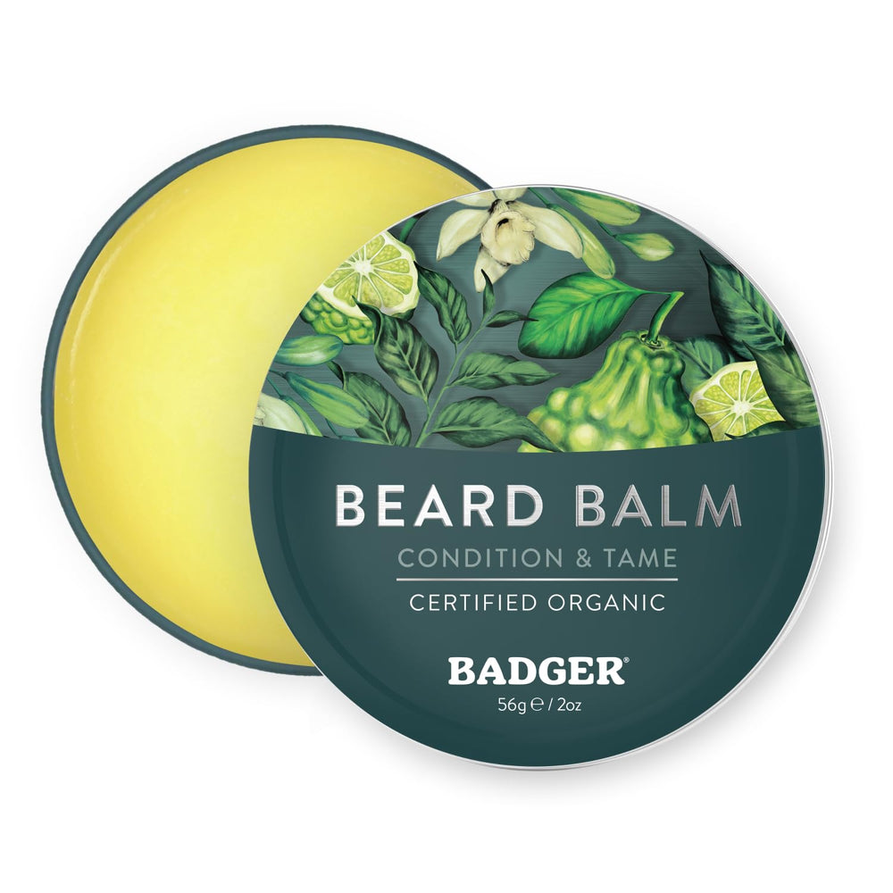 Badger beard balm tin with sustainable packaging for easy daily conditioning.