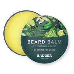 Badger beard balm tin with sustainable packaging for easy daily conditioning.