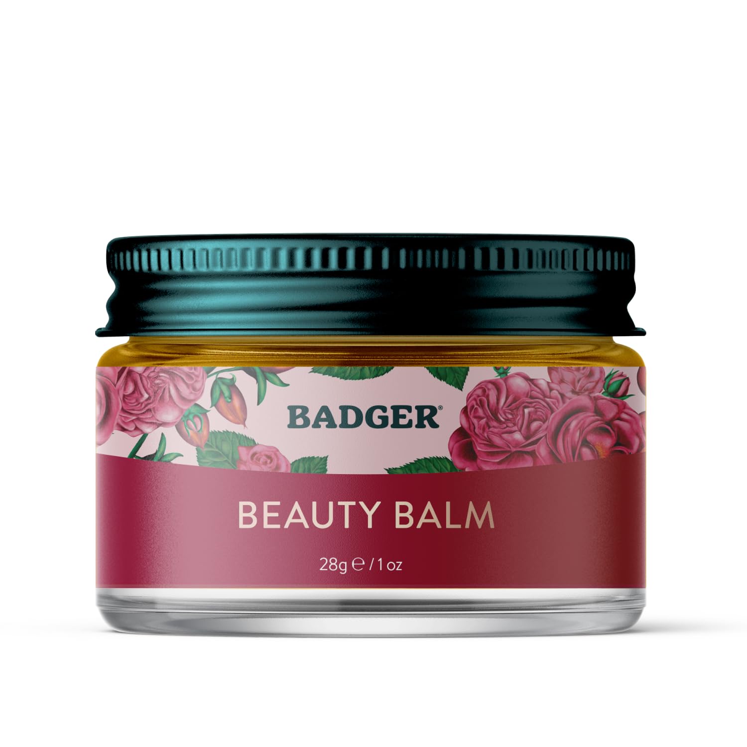 Badger Rose Beauty Balm, frasco de vidrio, hidratación duradera para rostro y manos.