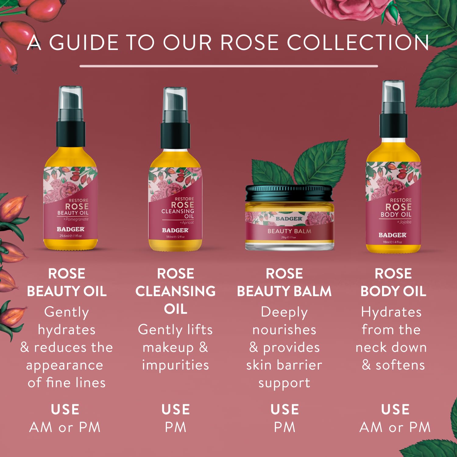 Badger Rose Beauty Balm destaca ingredientes orgánicos y compromiso sostenible.