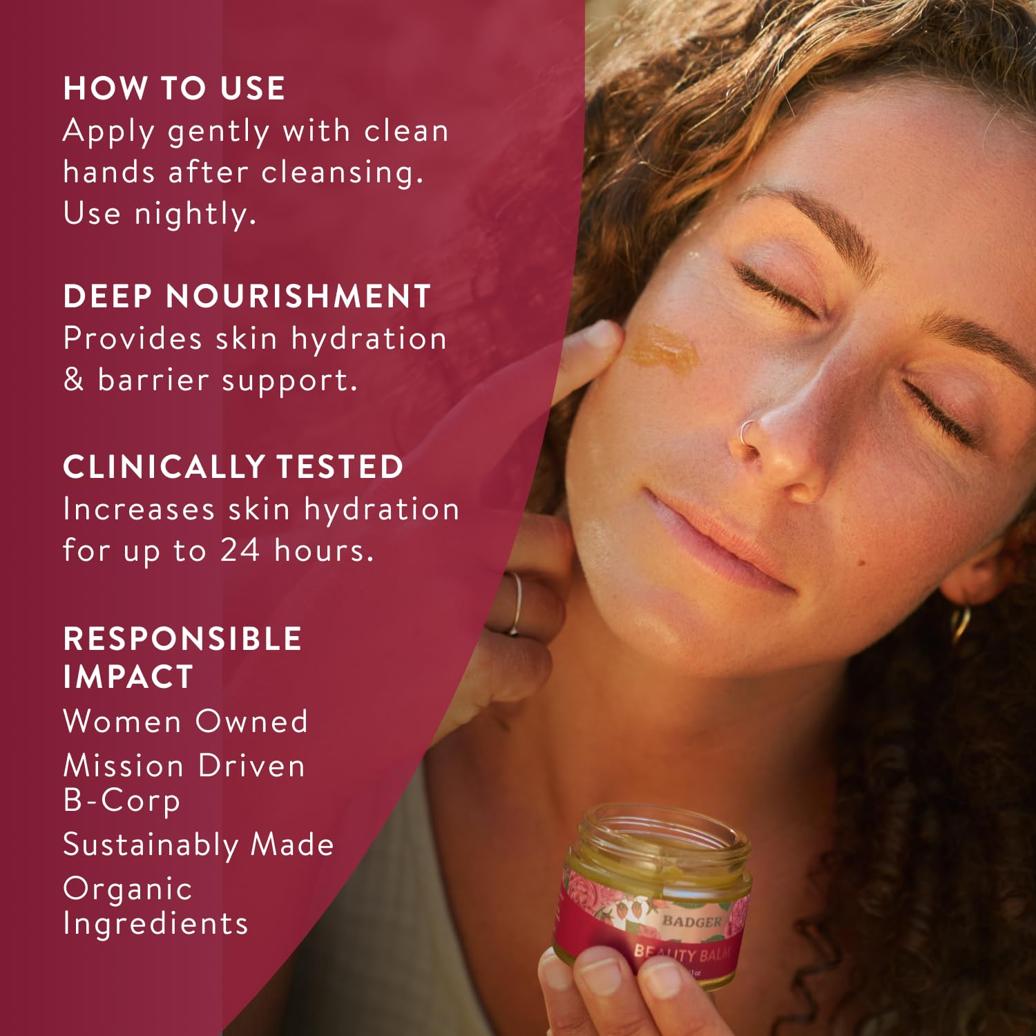 Badger Rose Beauty Balm textura crema rica para piel seca y sensible.