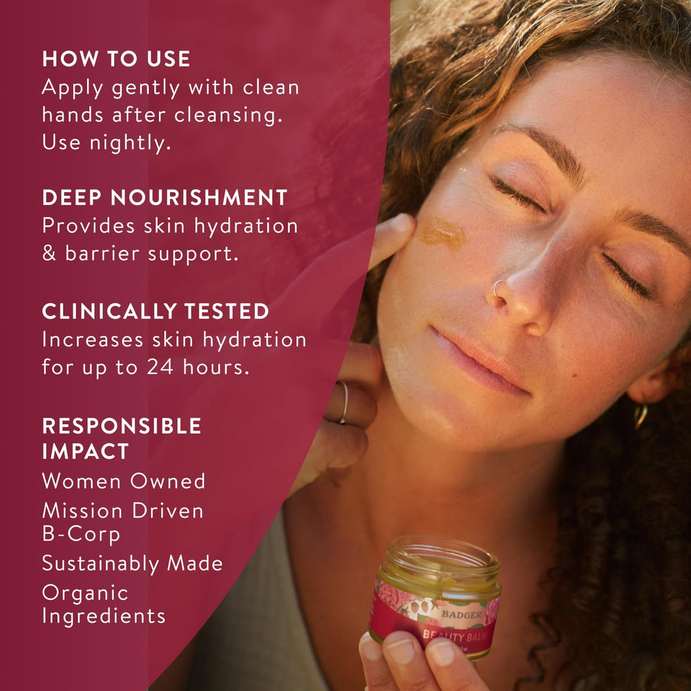 Badger Rose Beauty Balm textura crema rica para piel seca y sensible.