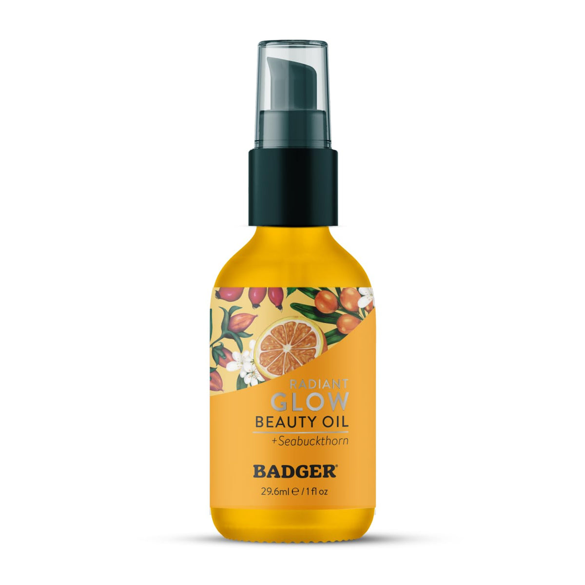 Badger aceite facial seabuckthorn en botella de cristal, hidrata suavemente.