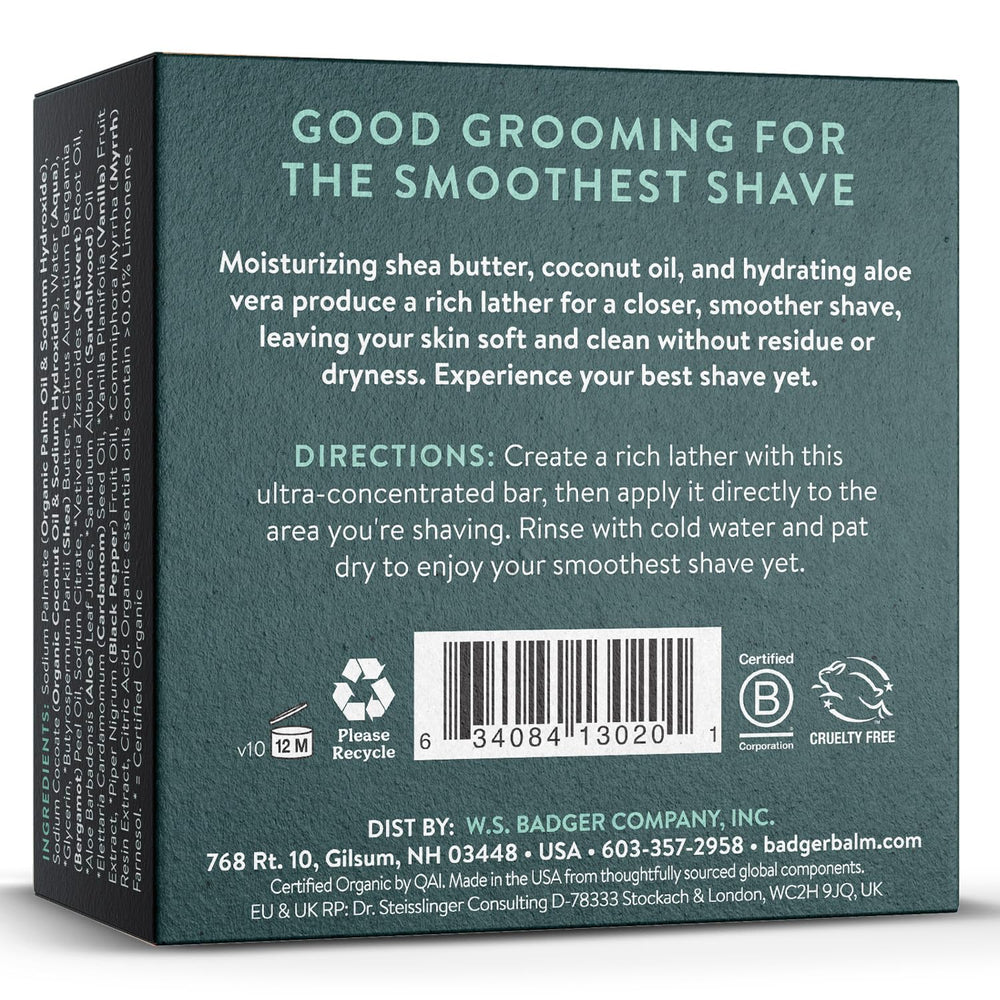 Badger Shaving Soap Puck ingredients include aloe vera, coconut oil, and shea butter for hydration.