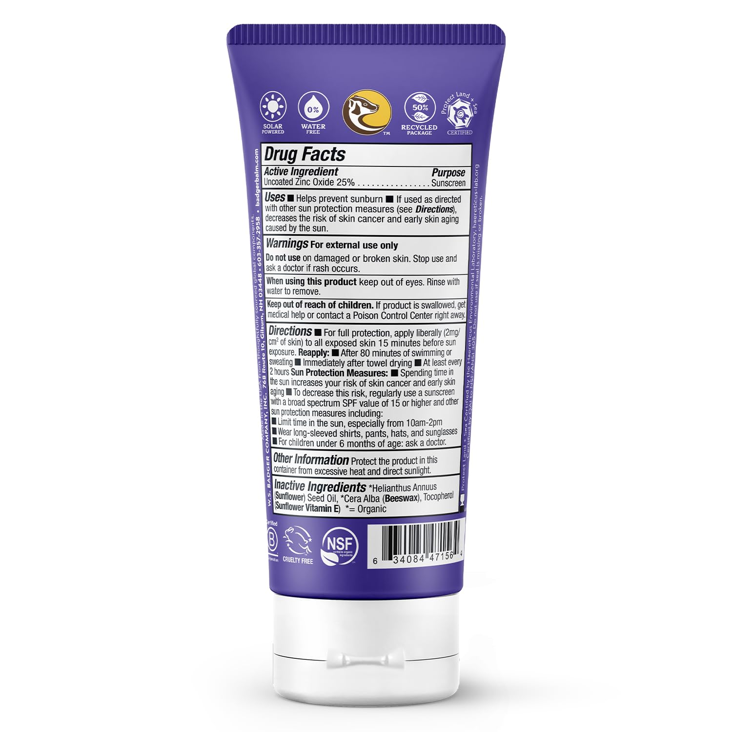 Badger sunscreen reef-safe label emphasizing mineral protection for oceans.