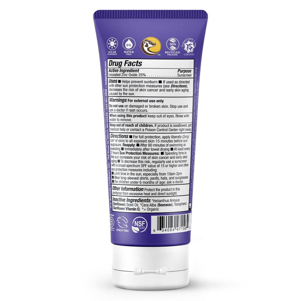 Badger sunscreen reef-safe label emphasizing mineral protection for oceans.