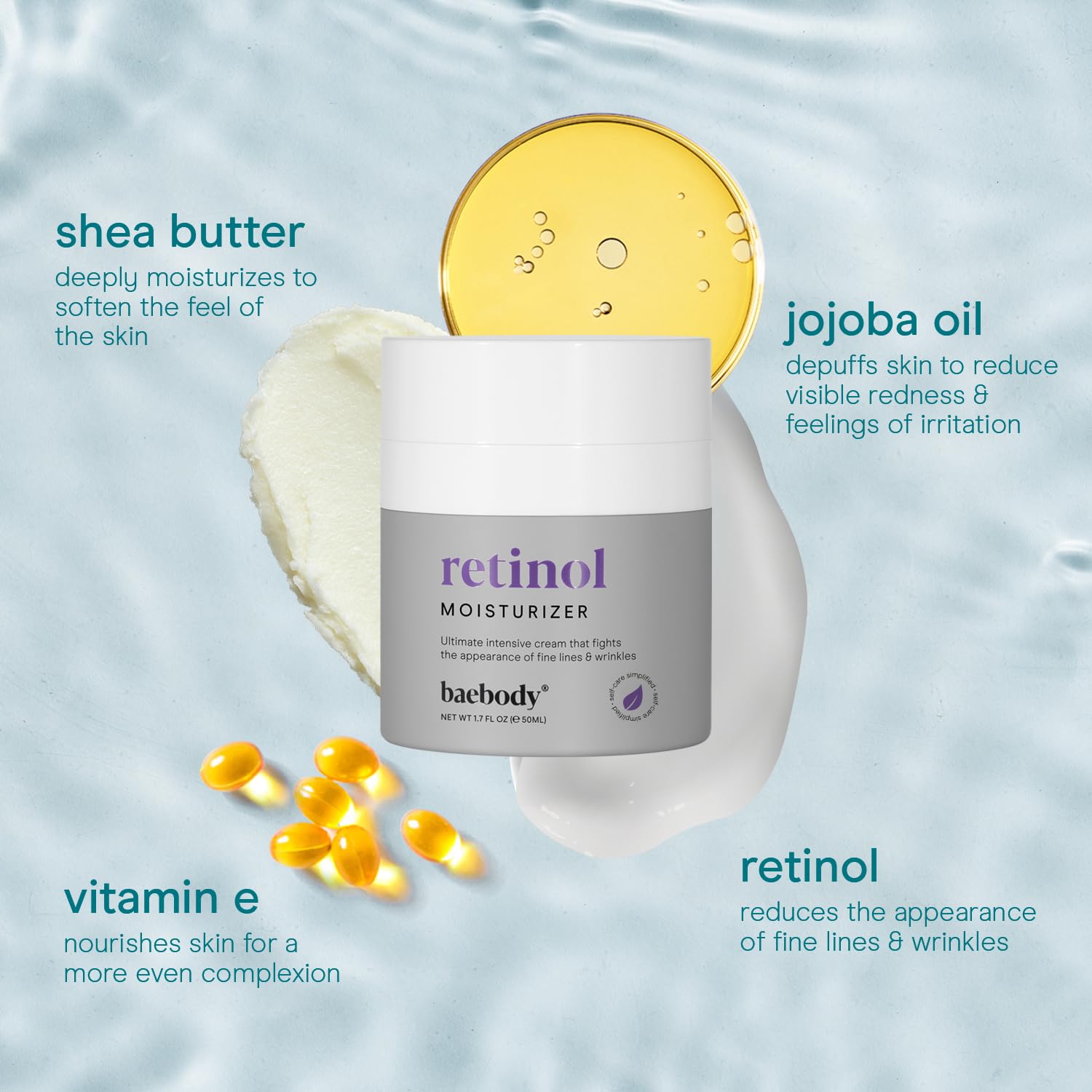Baebody textura crema retinol, sensación sedosa al extender.