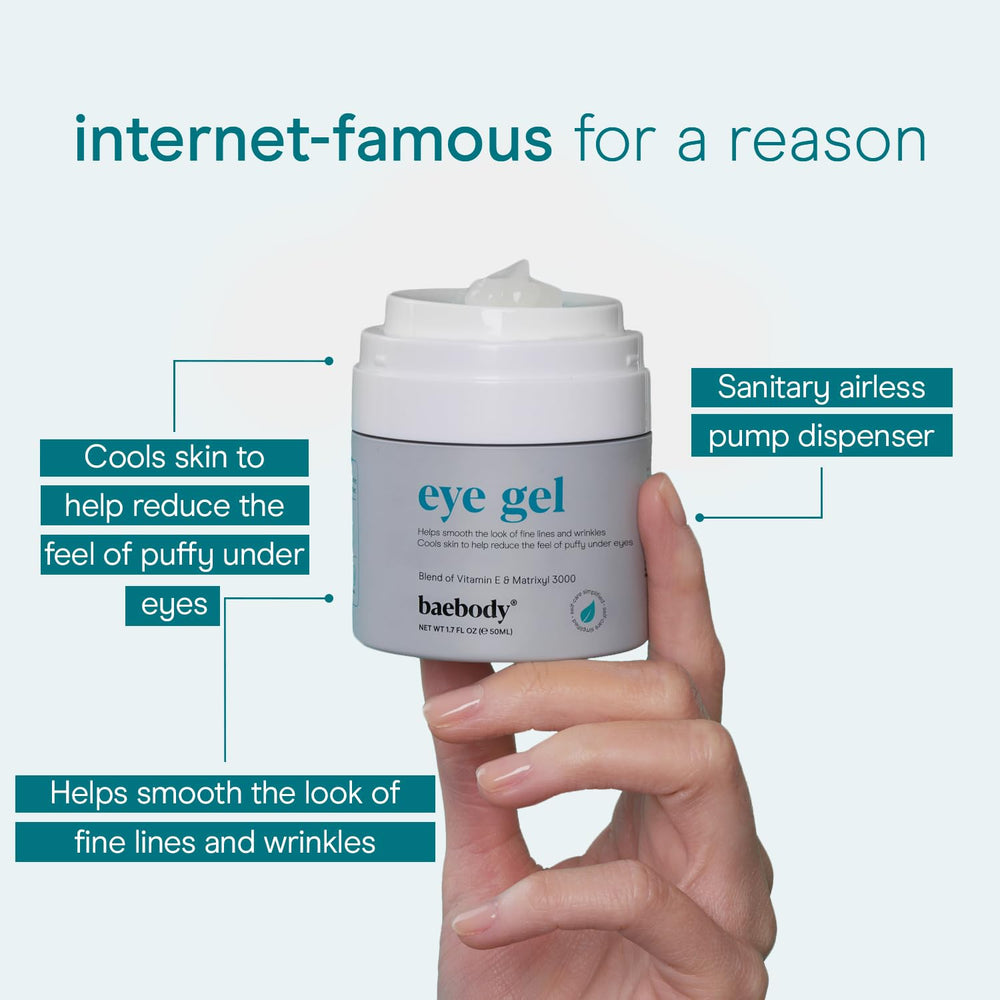 Applying Baebody gel to the under-eye area to reduce puffiness