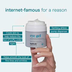 Applying Baebody gel to the under-eye area to reduce puffiness