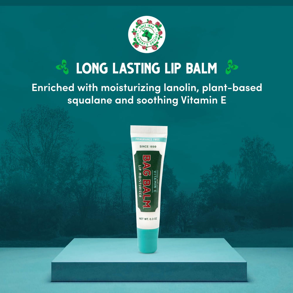 Bag Balm con vitamina E, humecta y suaviza los labios naturalmente.