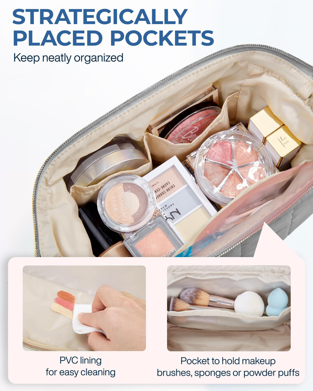 BAGSMART makeup bag interior pockets securely hold lipsticks and brushes.