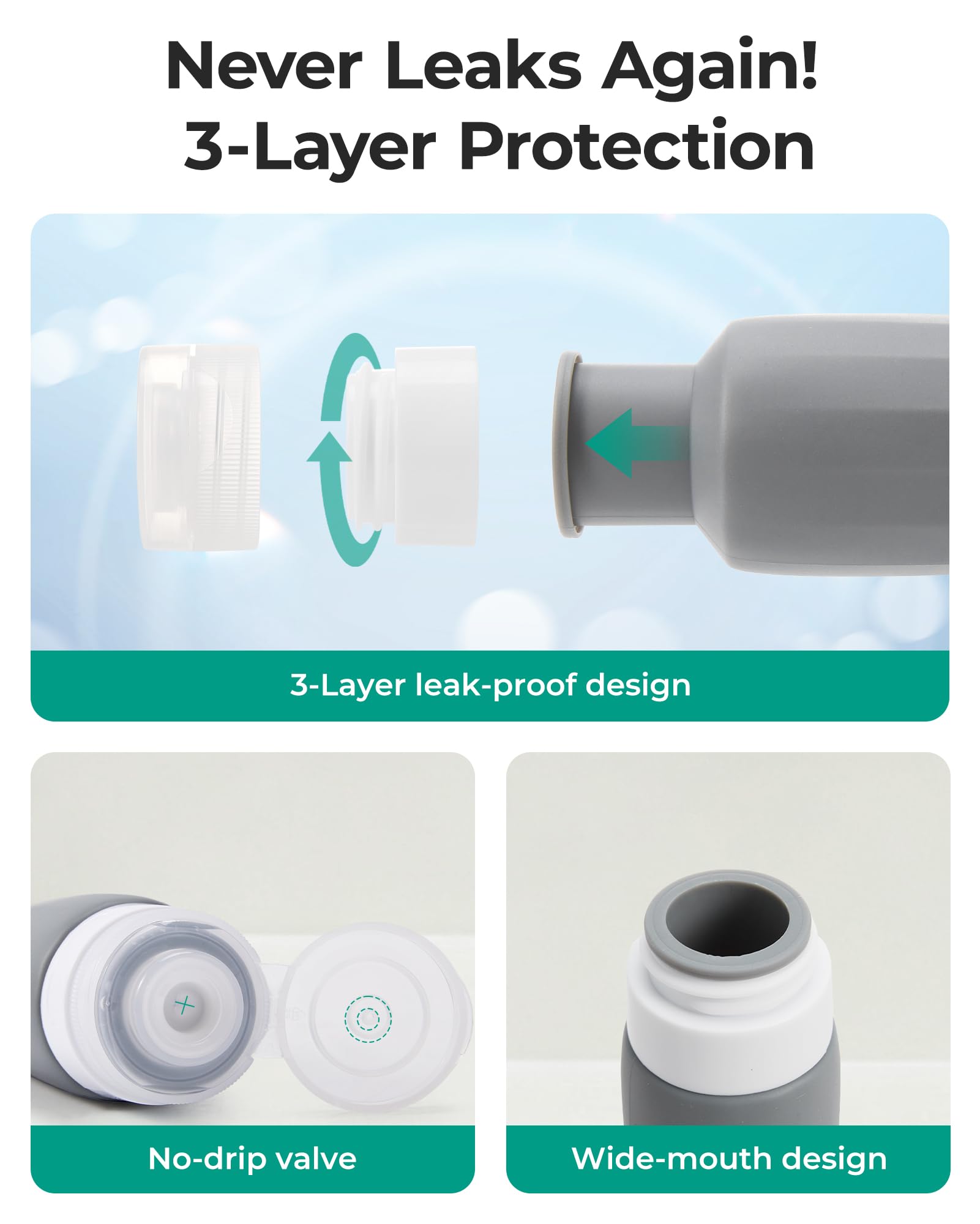 BagSmart 3-layer anti-leak design prevents spills during transit.