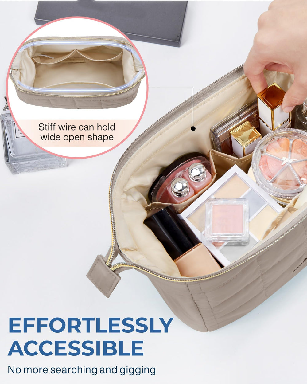 BAGSMART camel color makeup bag complements travel outfits.