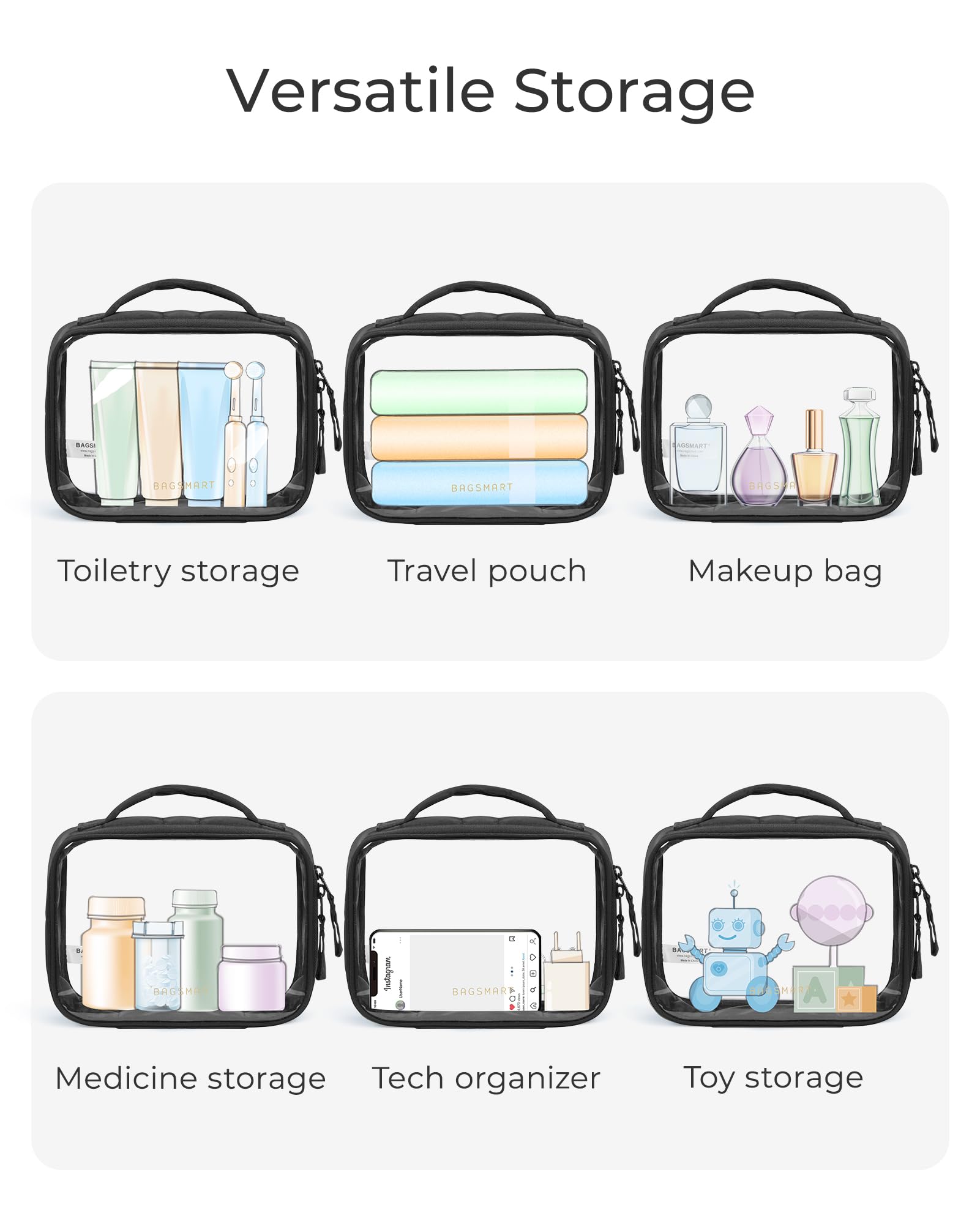 BAGSMART clear bag with fluffy edge handle for easy carrying.
