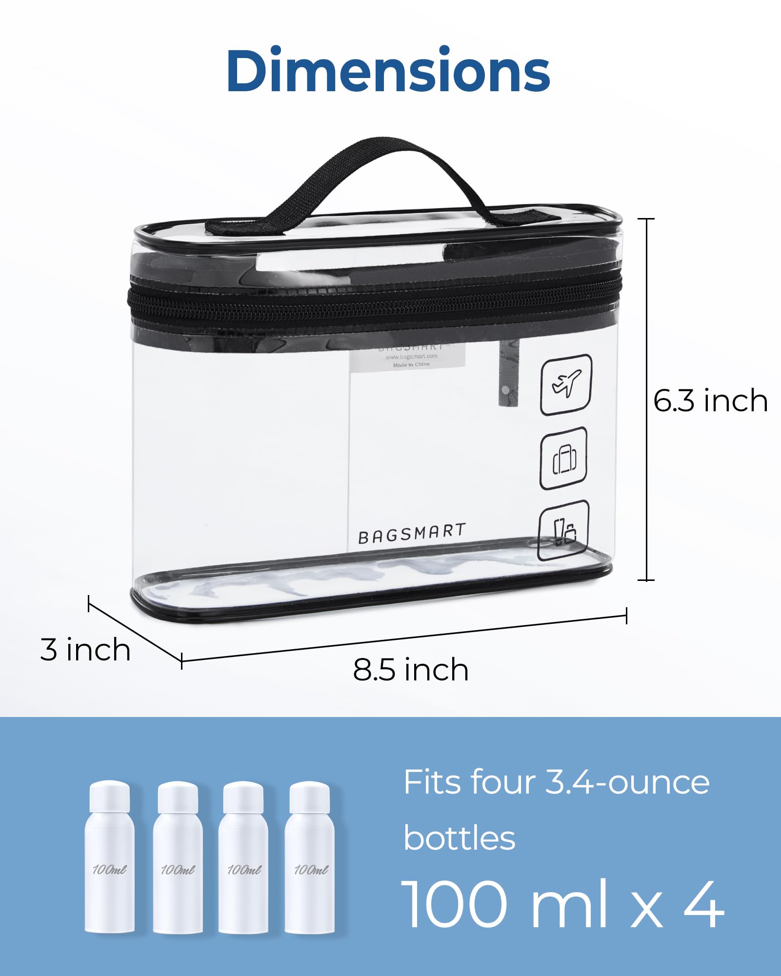 BAGSMART clear cosmetic bag with dimensions 8in by 3in by 6.3in.