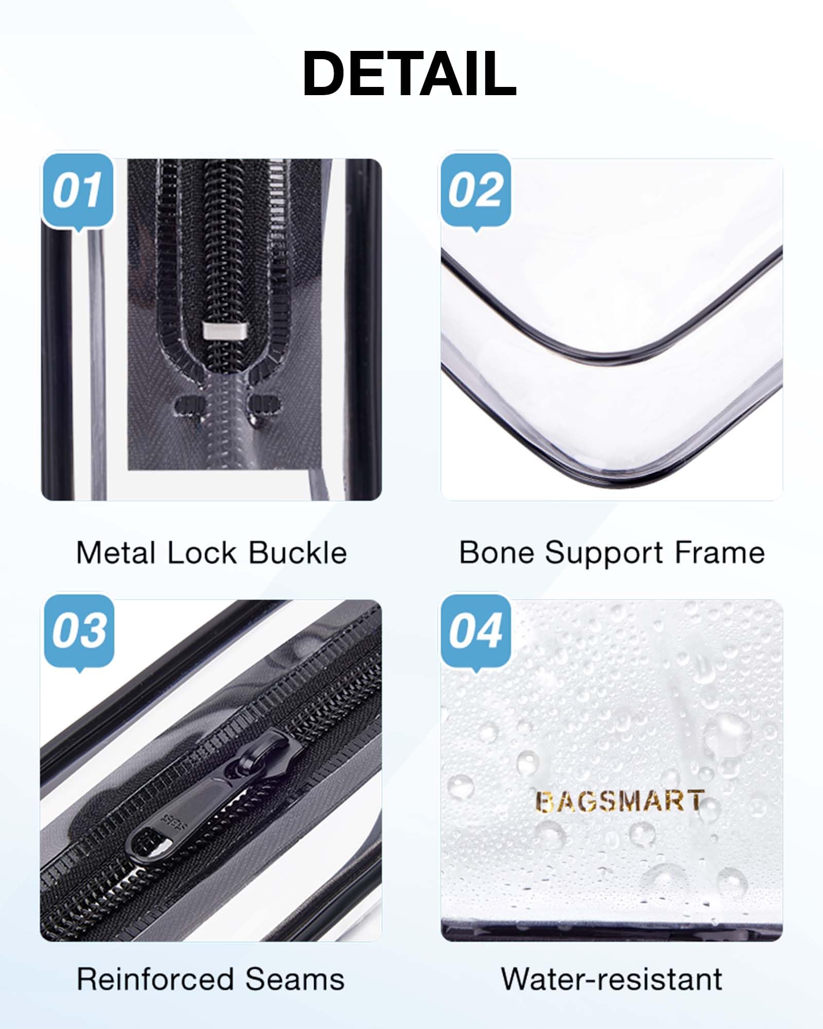 BAGSMART Clear Toiletry Bag reinforced seams reducing leaks during travel.