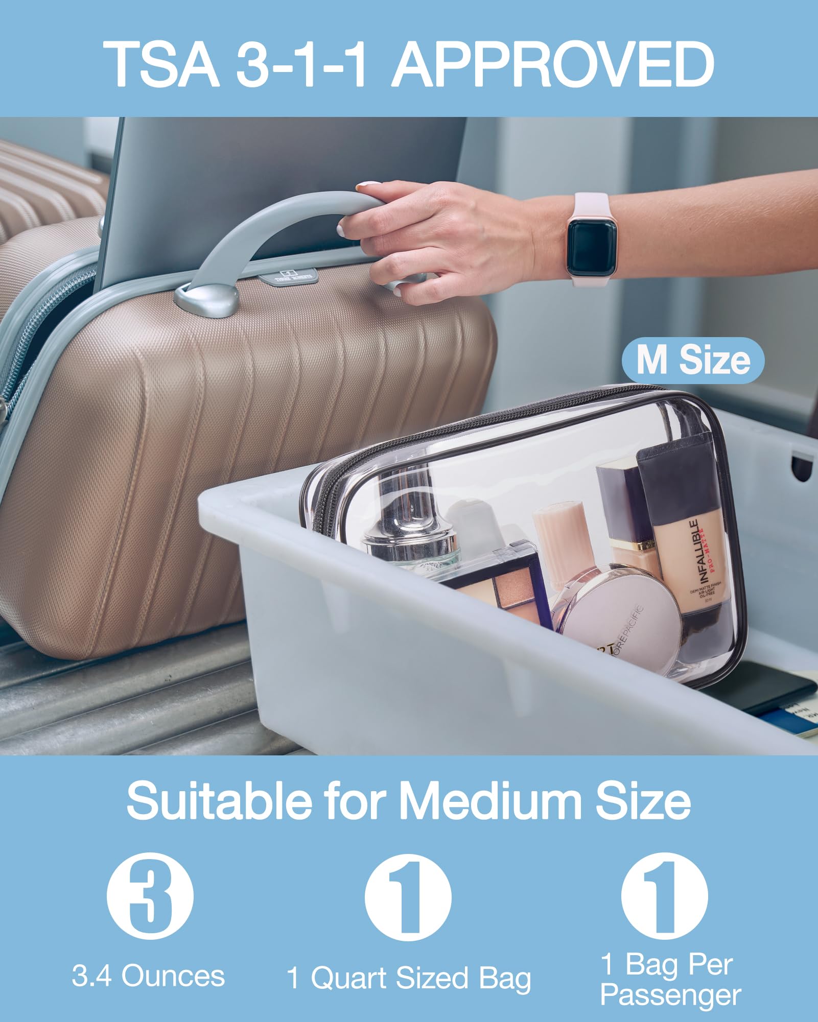 BAGSMART Clear Toiletry Bag top opening showing fast, organized access to contents.