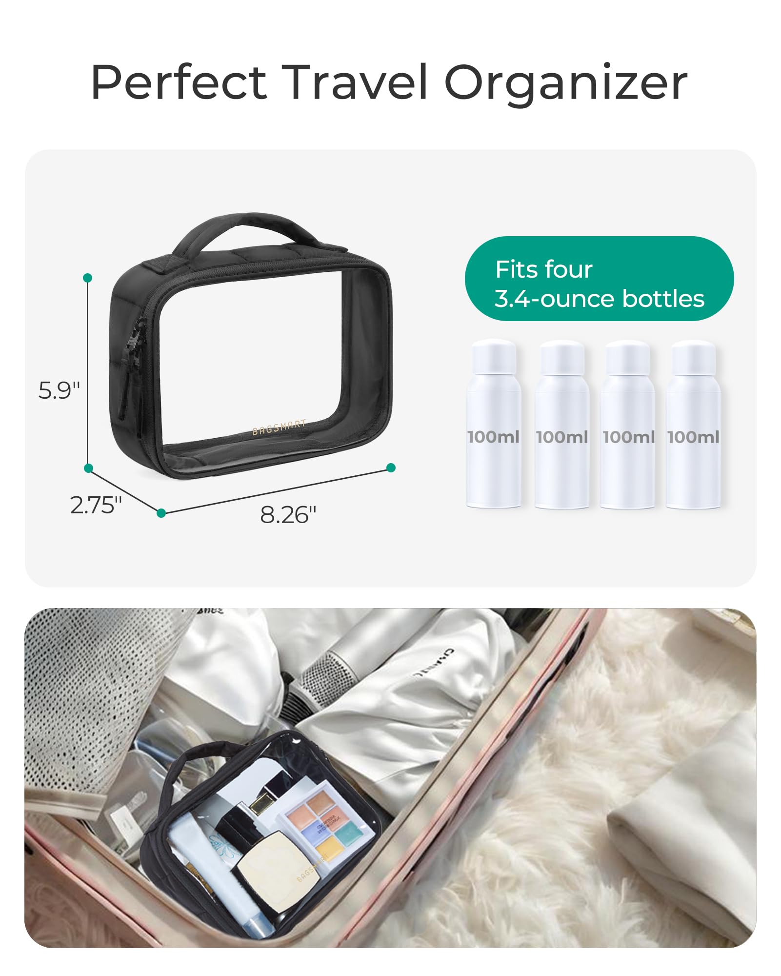 BAGSMART waterproof clear bag shows reinforced seams for durability.