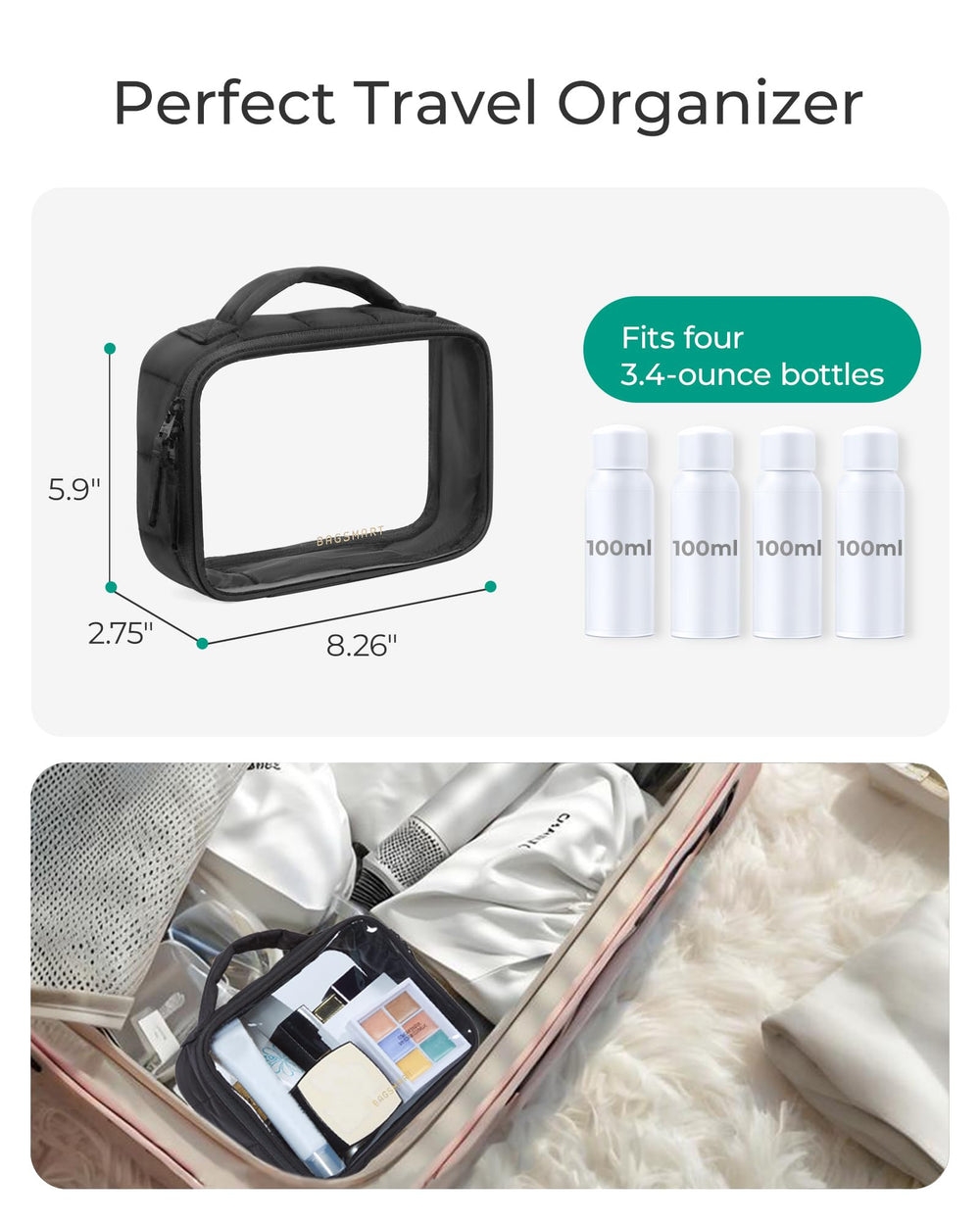 BAGSMART waterproof clear bag shows reinforced seams for durability.