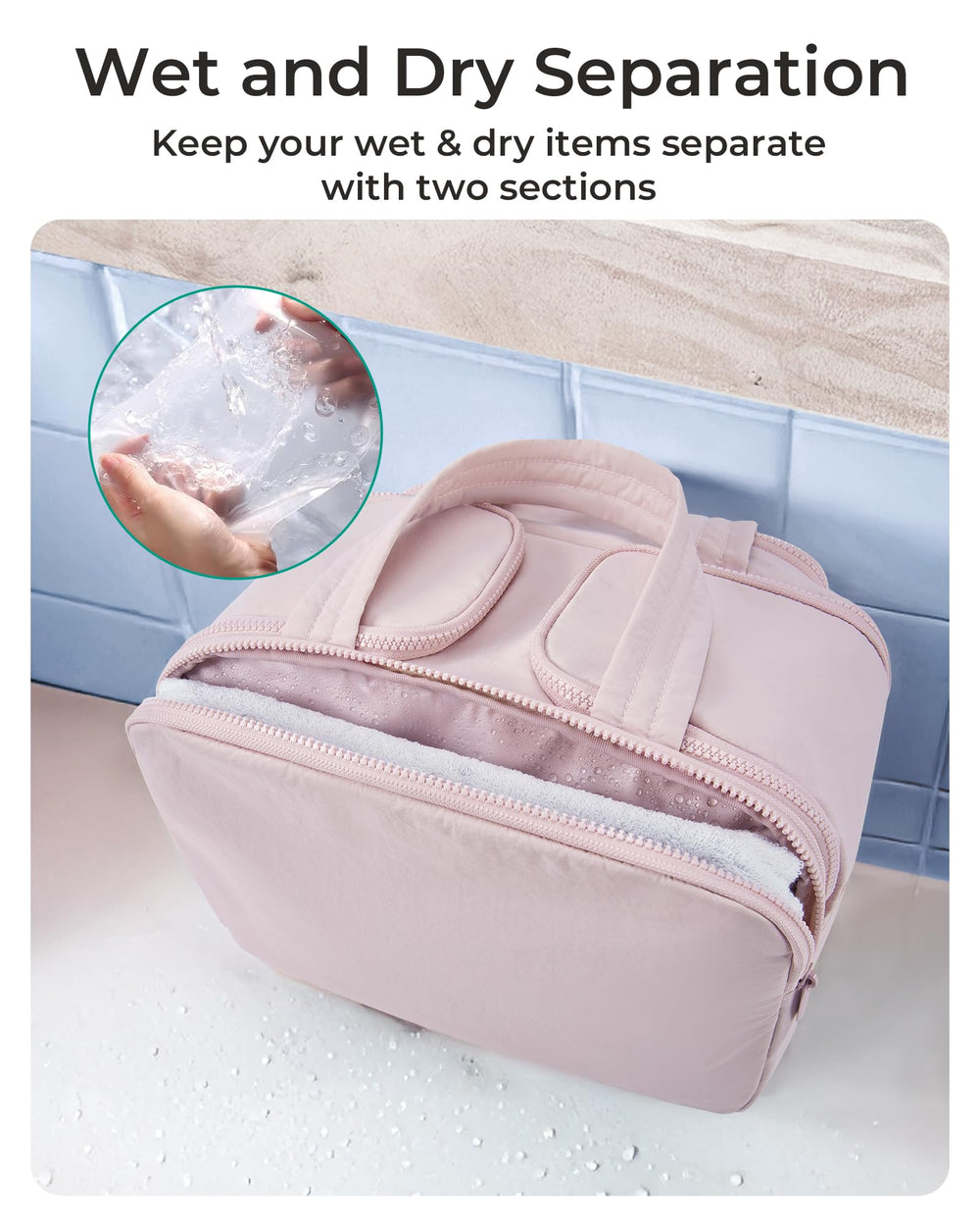 BAGSMART Crush Travel Bag keeps bottles upright in middle compartment.