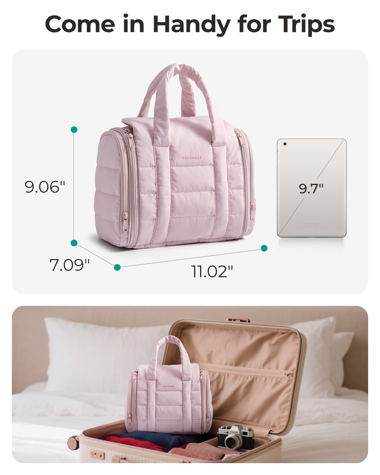 BAGSMART front PVC pockets enable easy-clean makeup tools