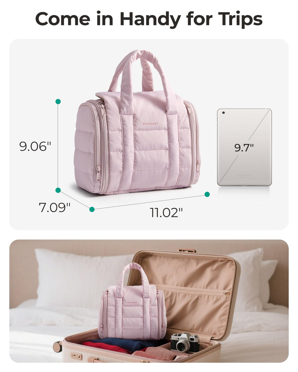 BAGSMART front PVC pockets enable easy-clean makeup tools