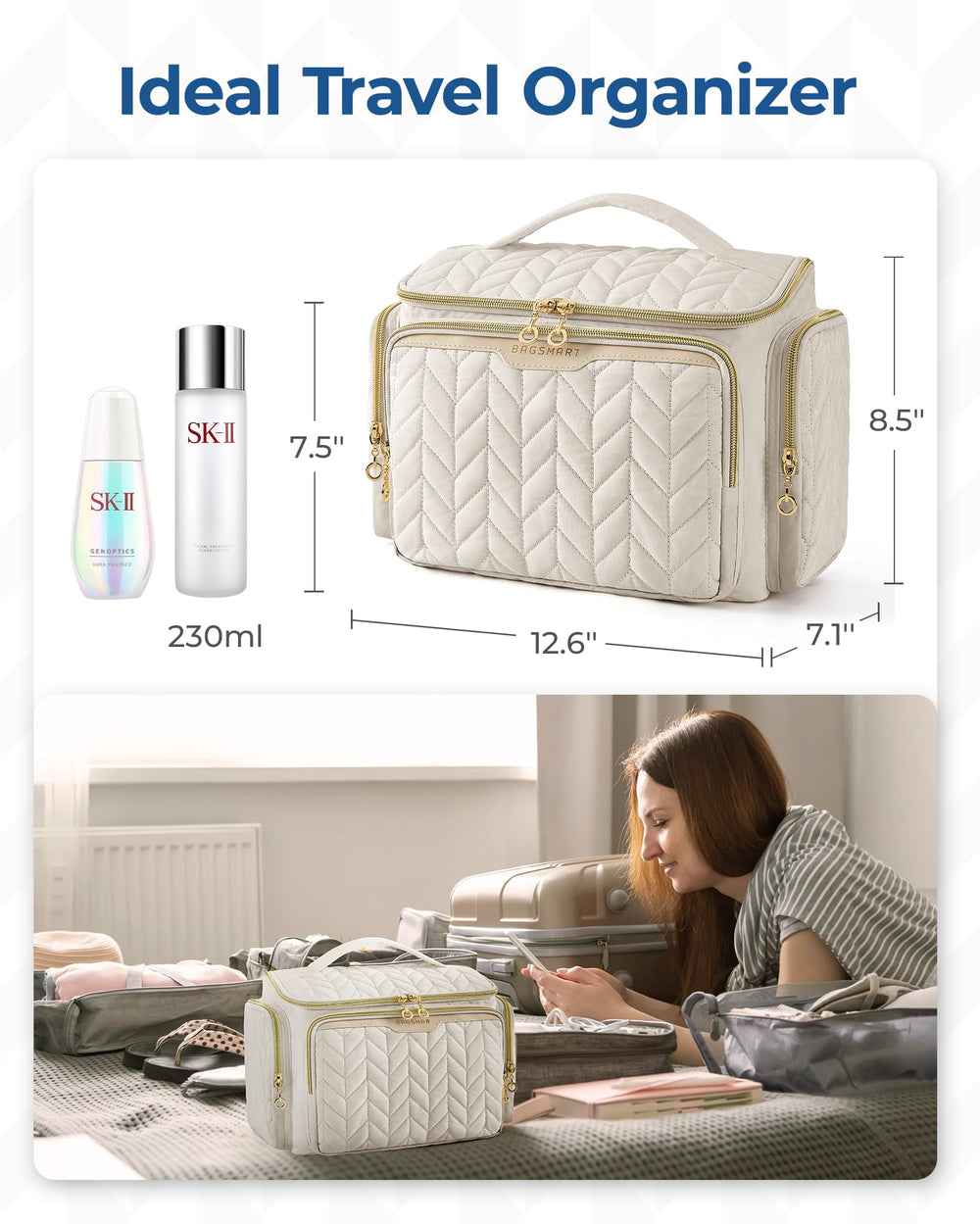 BAGSMART ample width allows storing cosmetics and toiletries together