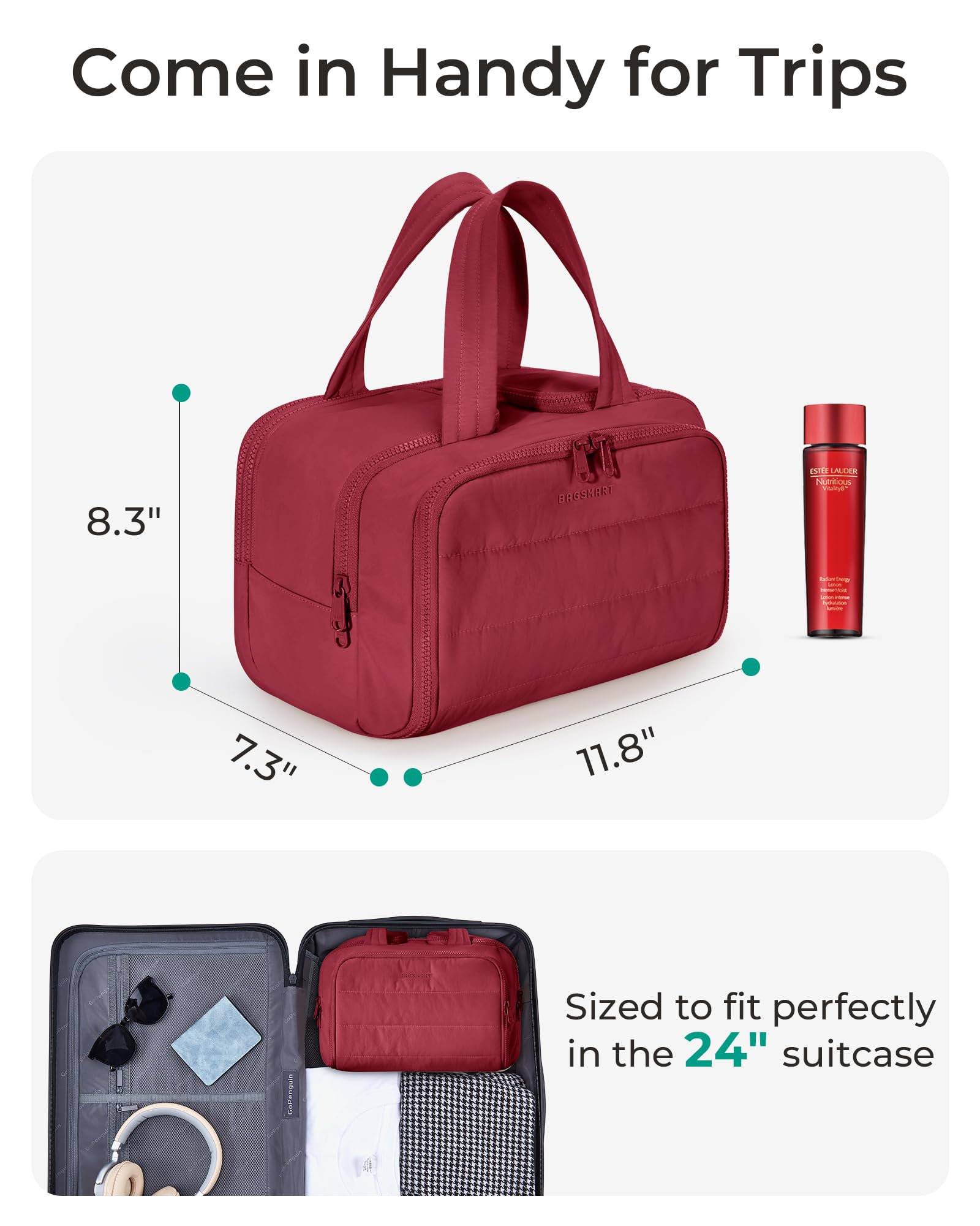 BAGSMART large capacity toiletry bag with four compartments for organized travel.
