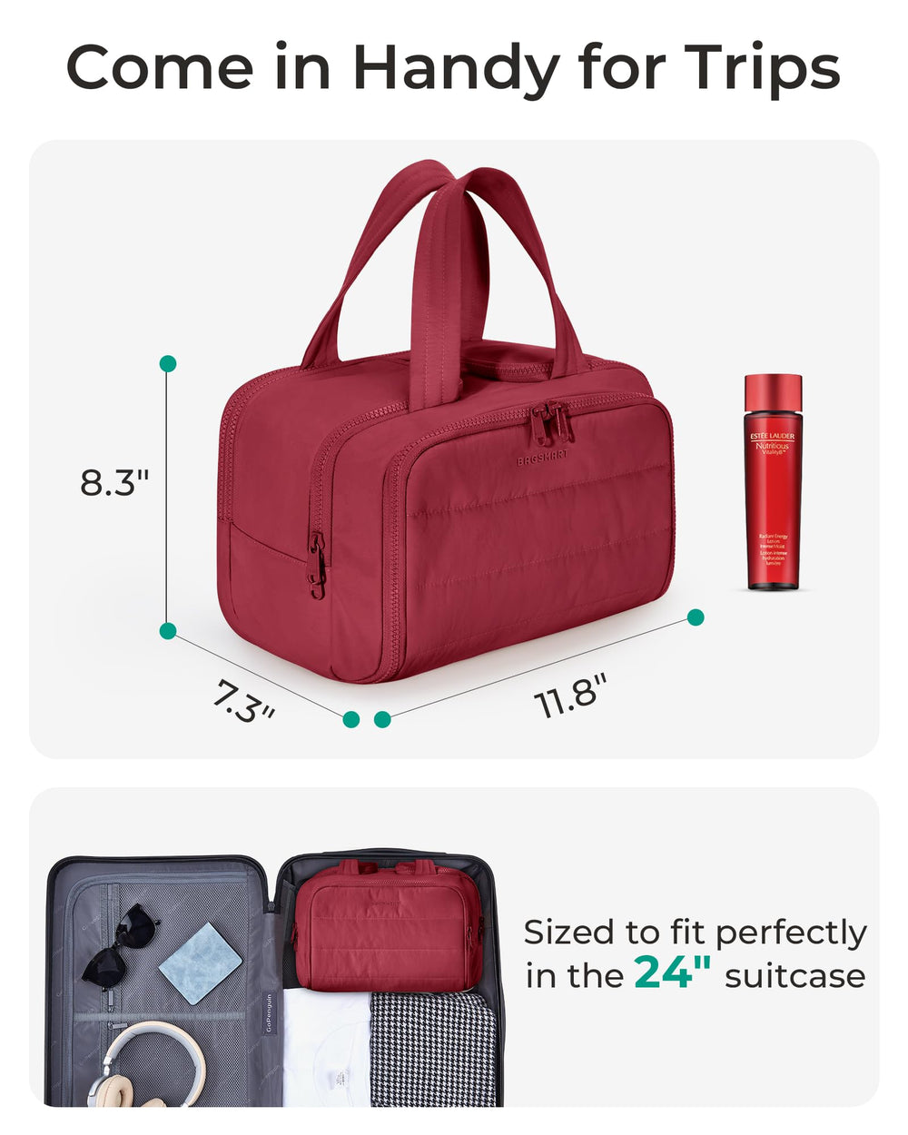 BAGSMART large capacity toiletry bag with four compartments for organized travel.