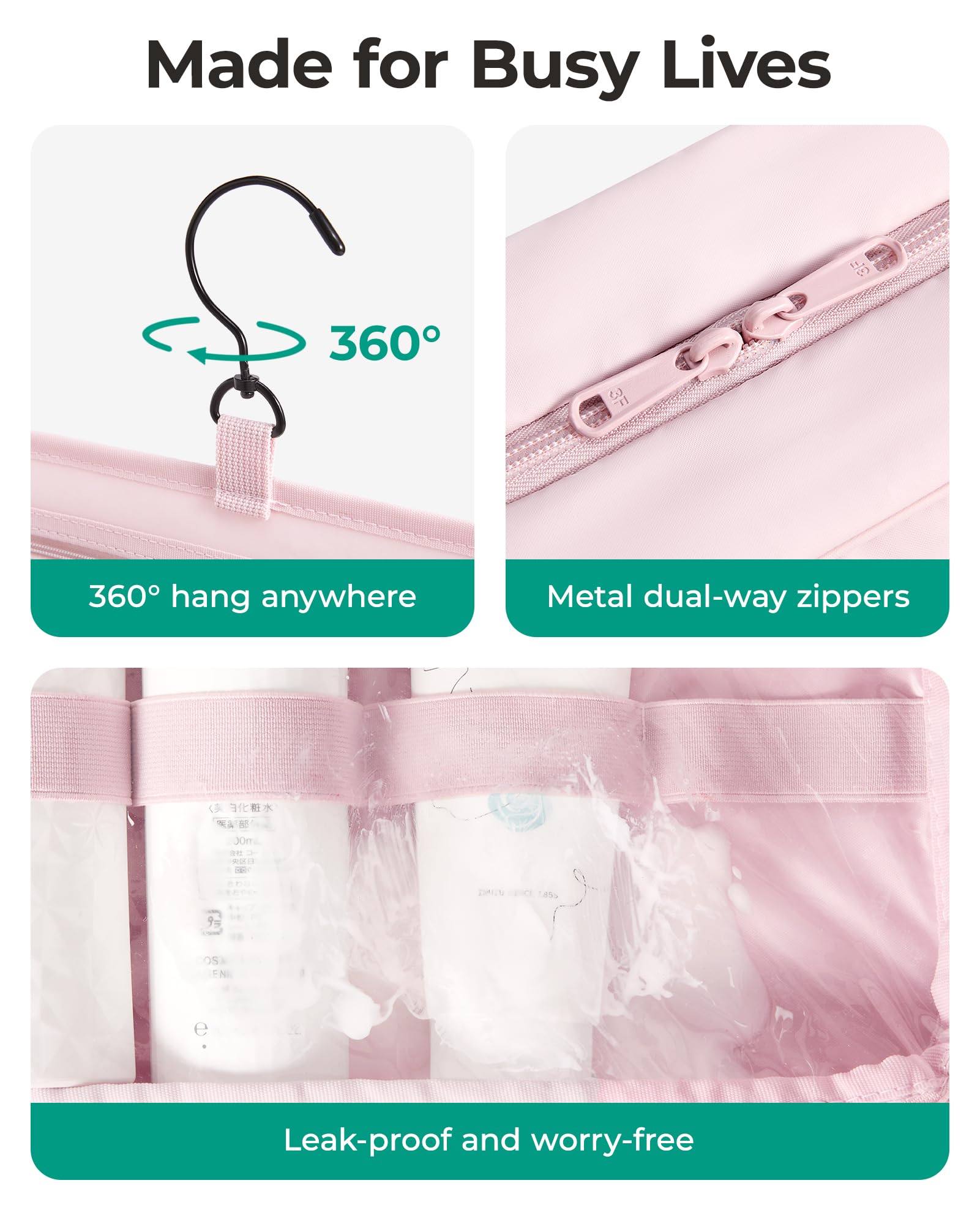 BAGSMART leak-proof pocket protects against spills in transit
