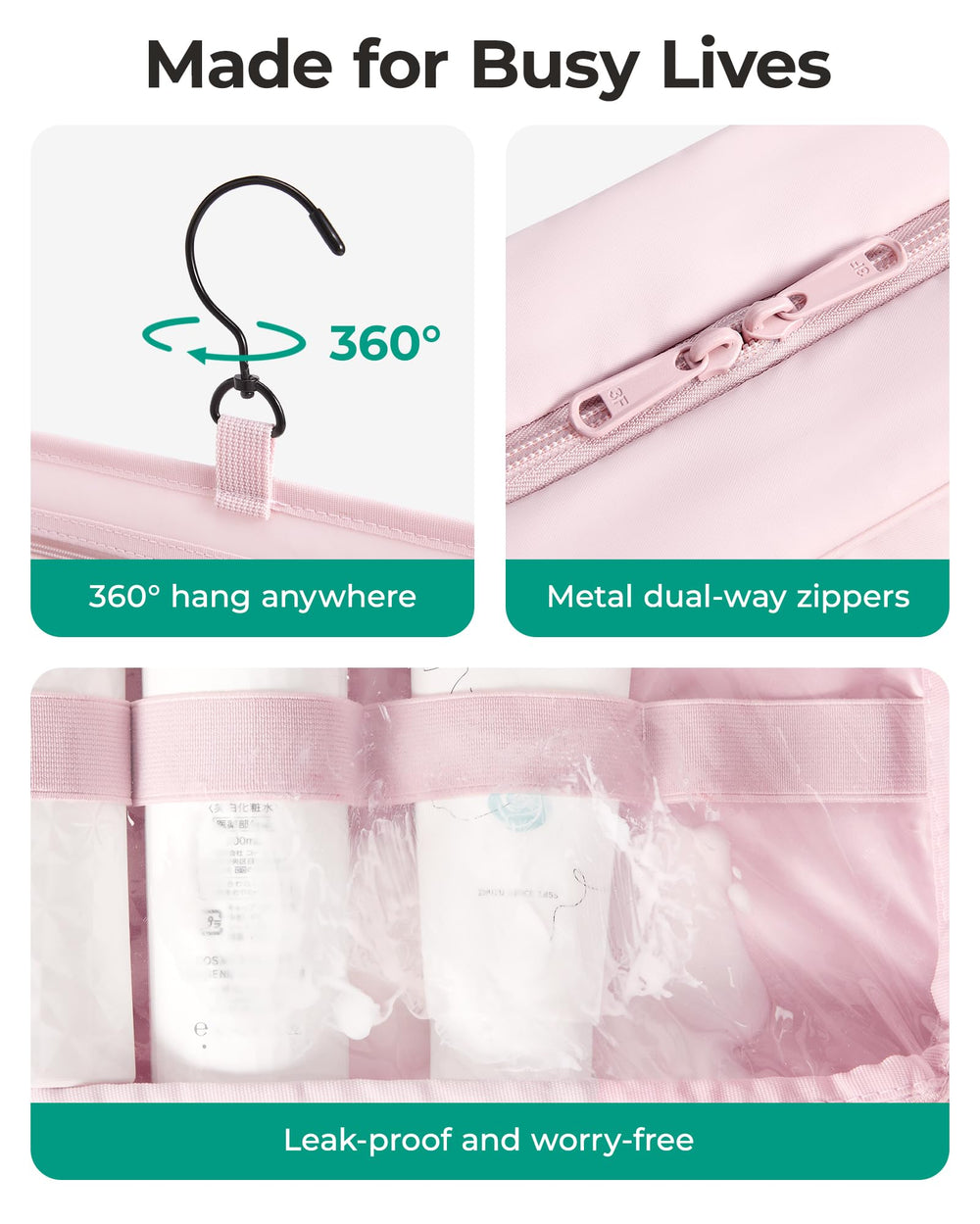 BAGSMART leak-proof pocket protects against spills in transit
