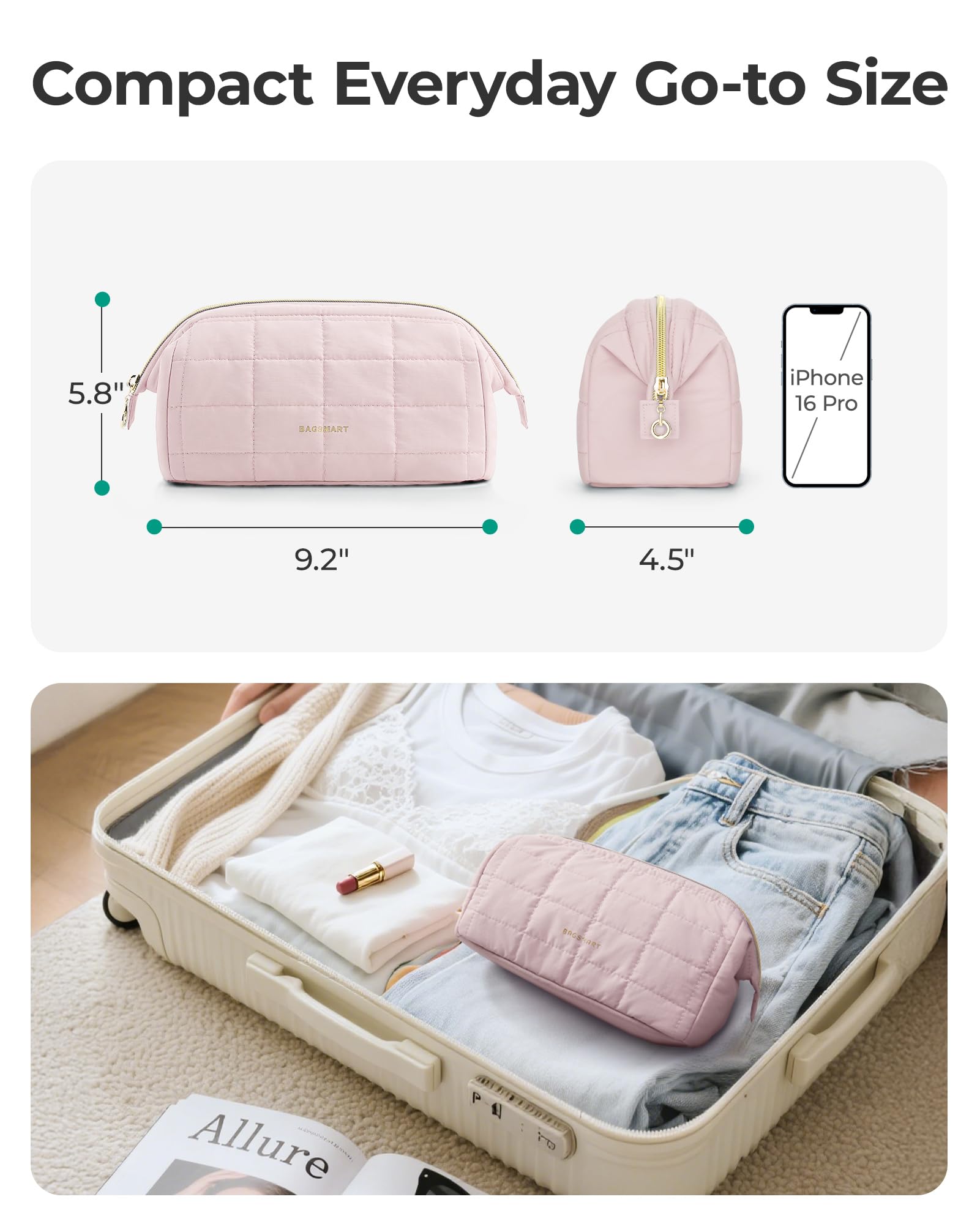 BAGSMART PVC lining protects makeup and brushes during travel.