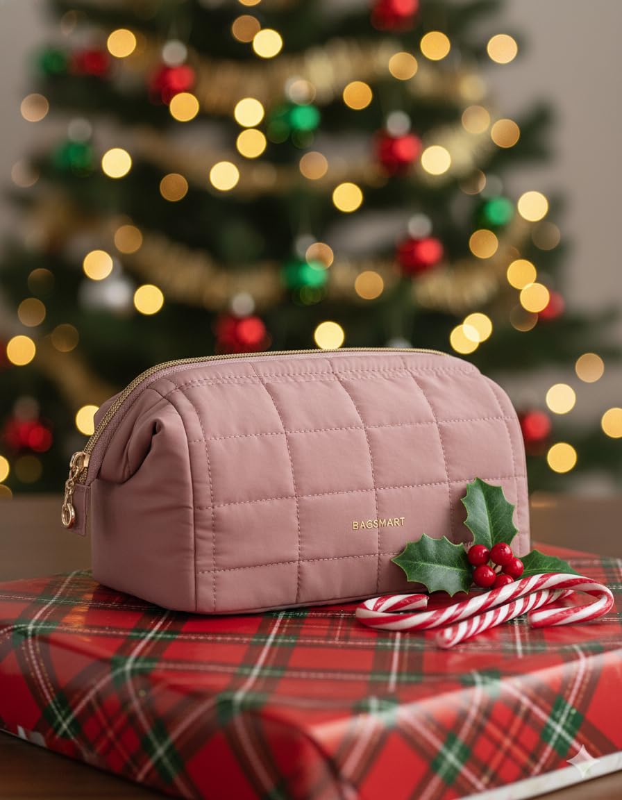 BAGSMART makeup bag in dark pink with roomy interior for lipstick and brushes.