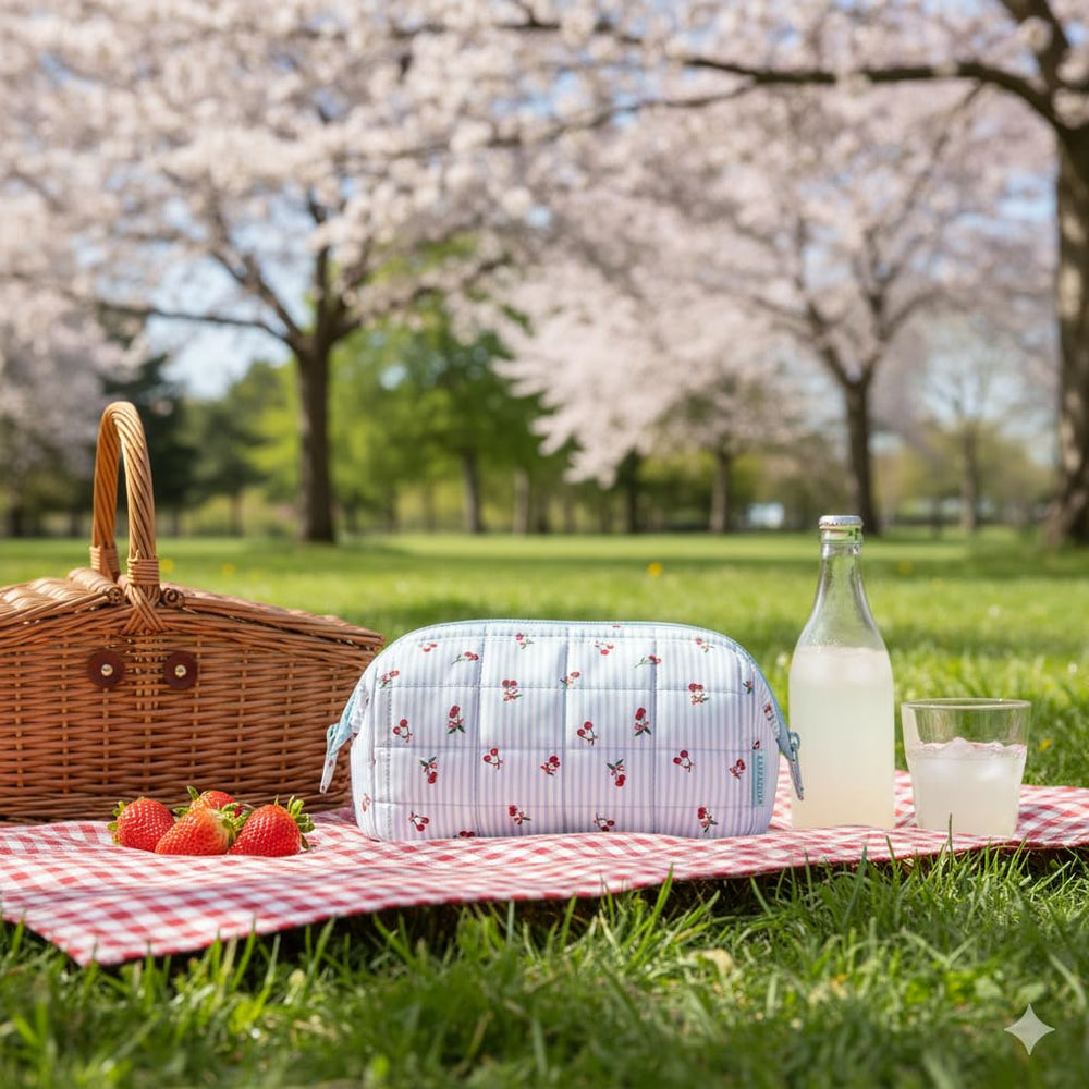BAGSMART ditsy cherry pattern adds charm to makeup bag.