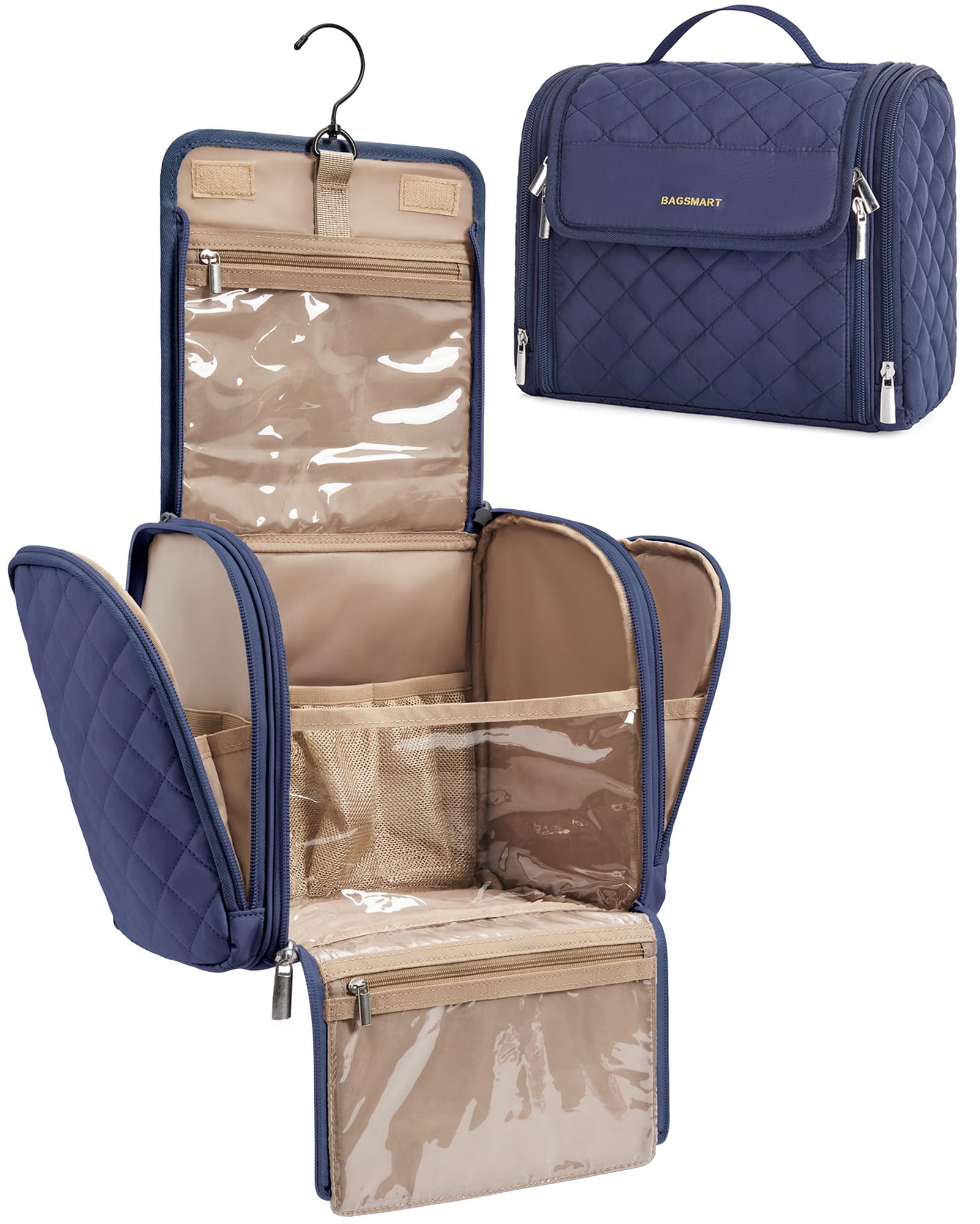 BAGSMART makeup bag with hanging hook blue for convenient travel organization.